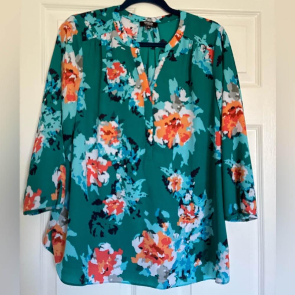 NYDJ Teal Floral Split-Neck Blouse with Orange Accents
